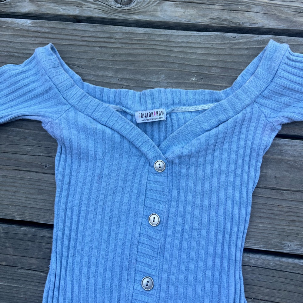 Off the Shoulders Light Blue Ribbed Button-Front Off-Shoulder Mini Dress - Picture 3 of 3